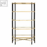 Allessi 5 shelf unit with black frame and champagne finish featuring clear tempered glass shelves for stylish storage