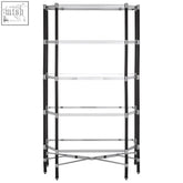 Allessi 5 shelf unit with black frame silver metal structure and clear tempered glass shelves for stylish storage