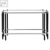 Modern two-tier allessi silver black console table with silver metal frame and clear glass shelves
