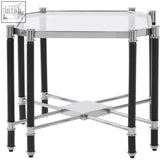 Hexagonal glass-top side table with black legs and silver chrome finish perfect for modern living spaces