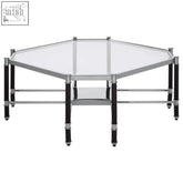 Allessi silver metal coffee table with black legs featuring hexagonal glass top and sleek chrome frame