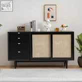 Black allson rattan sideboard with woven cane doors pine wood frame and sleek metal handles for stylish storage