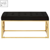 Allure black tufted velvet bench with a gold finish frame perfect as a stylish black tufted seat for any room
