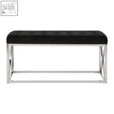 Allure black tufted seat bench with silver finish and sleek chrome x-frame base in black tufted velvet upholstery