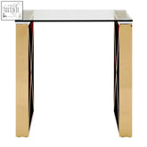 Allure champagne gold end table with gold finished mirrored console and clear glass top cross legs design