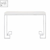 White rectangular allure chrome console table with minimalist design and chrome console legs in geometric angles