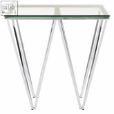 Allure chrome end table features a clear glass top and angular v-shaped chrome legs in a sleek chrome end table design
