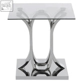 Modern chrome-finished curved base end table with clear glass top and sculpted branching legs for stylish use
