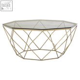 Allure hexagon coffee table with brushed nickel base featuring a geometric metallic frame and clear glass top