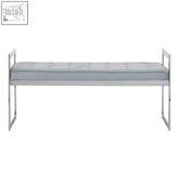 Silver finish bench with sleek chrome frame and light gray upholstered seat from allure powder blue collection