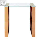 Modern allure rose gold end table with clear glass top and rose gold mirrored cross legs design