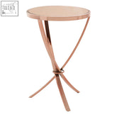 Allure rose gold pinched side table with rose gold finish, circular glass top, and sleek intersecting metal legs
