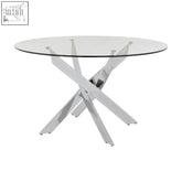 Allure round dining table with chrome x-shaped legs and clear glass top perfect for modern dining spaces