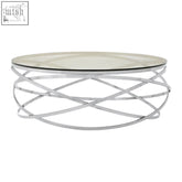 Modern allure round silver coffee table with swirl base, chrome finish, clear glass top, and intricate metal design