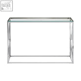 Allure silver cross console table with chrome finish metal frame and clear glass top featuring an x-shaped silver cross design