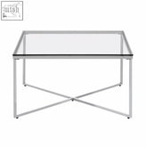 Modern allure silver finish cross base coffee table with clear glass top and x-shaped chrome base coffee design