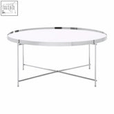 Allure silver mirror coffee table with a sleek round white glass top and polished chrome x-shaped legs silver mirror coffee