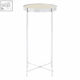 Silver mirror tall side table with silver finish, round off-white glass top, and slender crossed legs base