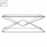 Allure silver rectangular coffee table with chrome metal frame clear glass top and x-shaped base design