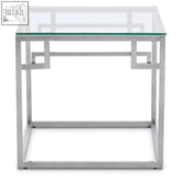 Allure silver side table with clear tempered glass top and stainless steel geometric frame design