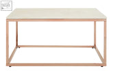 Modern rectangular coffee table with smooth white marble top and square rose gold metal frame perfect for living rooms
