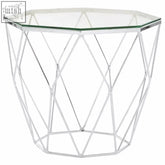 Octagonal allure tempered glass side table with chrome hexagon end wireframe base perfect for modern living spaces