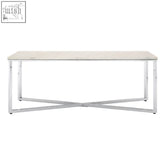 Modern rectangular allure coffee table with white faux marble top and sleek chrome x-shaped legs