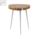 Rustic almora acacia wood log side table with natural wood grain top and silver metal legs