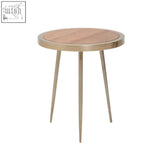 Almora acacia wood small side table with a round light wood top and slender gold-toned metal legs