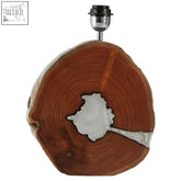 Rustic acacia wood table lamp with silver map inlay and metallic bulb socket for cozy decor lighting