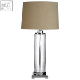 Alona table lamp with clear glass base and beige stone linen shade for a stylish modern look