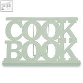 Light green alpha green cookbook stand with cut-out minimalist letter tray design for easy book display