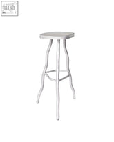 Silver-finished aluminium bar stool with a square seat and curved tree-like metal legs for stylish seating
