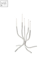 Silver metallic aluminium small candelabra with five curved arms holding white taper candles