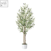 A 4ft alupssuc faux olive tree with slender branches black olives and natural wood trunk in a white pot for indoor outdoor use