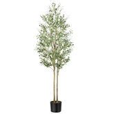 Tall artificial olive tree with slender light brown trunks and lush green leaves dotted with dark olives in black pot