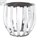 A sleek alvaro black marble side table with a dark marble top and slender chrome cylindrical frame