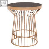 Alvaro copper finish round side table with rose gold wireframe and dark gray glass top for modern living rooms