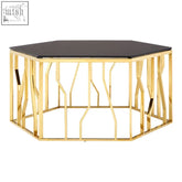 Alvaro gold and black hexagonal coffee table with gold finish and sleek black glass top perfect for modern living rooms