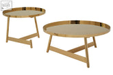 Alvaro gold set of 2 round coffee tables with gold finish, sleek minimalist design, and mirrored tops
