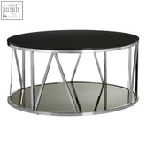 Alvaro round chrome coffee table with sleek black glass top and mirrored lower shelf on polished chrome legs