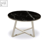 Alvaro round coffee table with black marble top and sleek stainless steel legs for modern living spaces