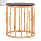 Alvaro round copper side table with gold-toned metal frame and sleek black marble top perfect for living room