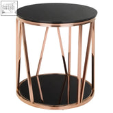 Alvaro round rose gold finish side table with rose gold metal frame and black glass top and bottom shelf