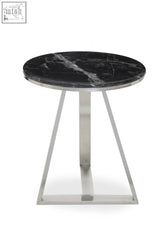 Alvaro round side table with black marble top and silver sledge base featuring brushed stainless steel geometric design