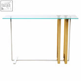 Alvea silver and gold console table with clear tempered glass top and sleek stainless steel silver and gold legs