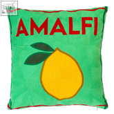 Green amalfi needlepoint cushion with embroidered red amalfi text and yellow lemon design for stylish decor