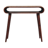 A sleek dark wood amaya nordic style console table with a curved top and tapered legs for stylish storage