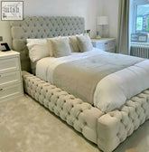 Beige ambassador bed with tufted upholstered headboard and footboard showcasing quality materials labour beds british design