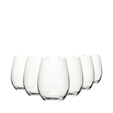 Set of 6 clear stemless amber tumblers with smooth rounded bowls and thick bases perfect for everyday drinks